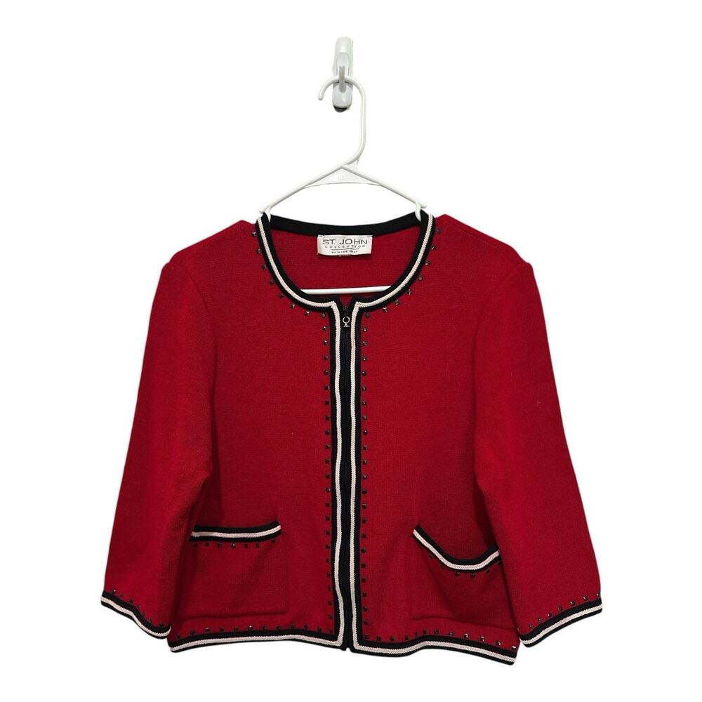 St. John Collection Red Jacket With White & Black Trim Zipper Front Size Small